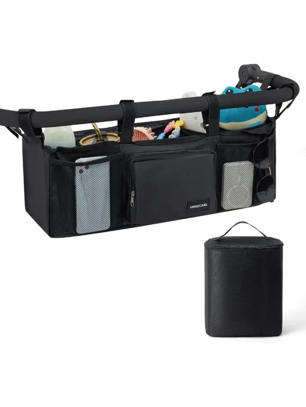 Double Stroller Organizer with Insulated Cup Holders & Large Storage Console